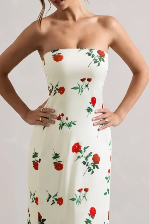 Azra | Rose Print Satin Bandeau Maxi Dress