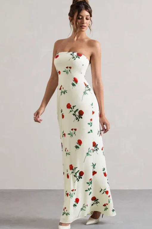 Azra | Rose Print Satin Bandeau Maxi Dress