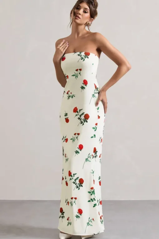 Azra | Rose Print Satin Bandeau Maxi Dress