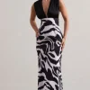 Azzara | Zebra Print Satin Ruched V-Neck Maxi Dress