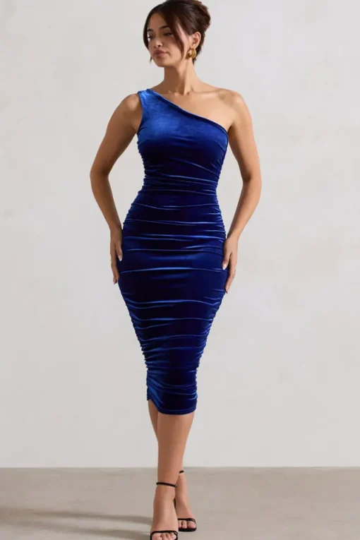 Back For More | Cobalt Blue One Shoulder Ruched Midi Dress