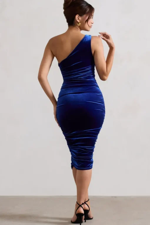 Back For More | Cobalt Blue One Shoulder Ruched Midi Dress