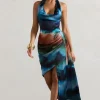 Bali | Blue Blur Print Satin Cowl-Neck Draped Mini Dress