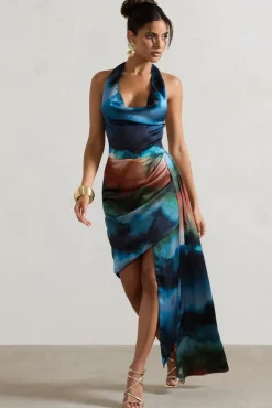 Bali | Blue Blur Print Satin Cowl-Neck Draped Mini Dress
