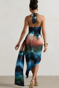 Bali | Blue Blur Print Satin Cowl-Neck Draped Mini Dress