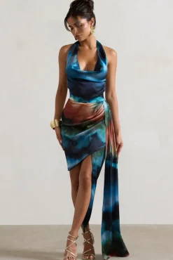 Bali | Blue Blur Print Satin Cowl-Neck Draped Mini Dress