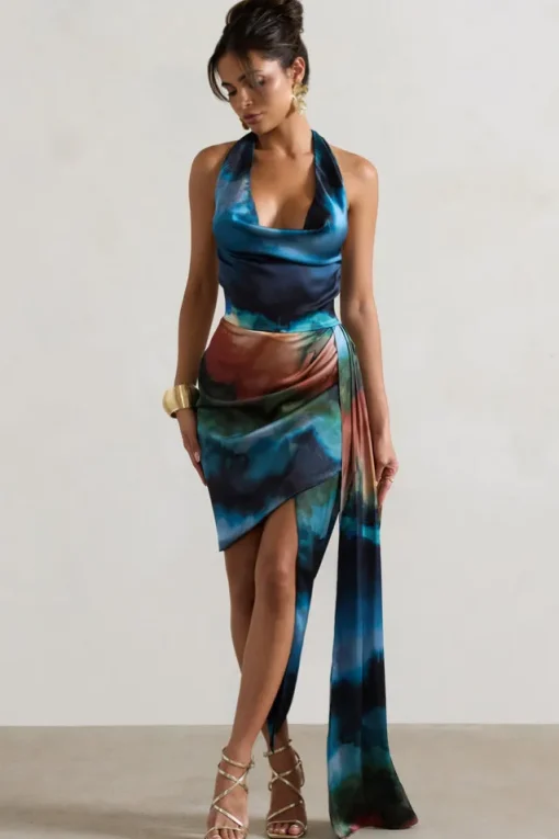 Bali | Blue Blur Print Satin Cowl-Neck Draped Mini Dress