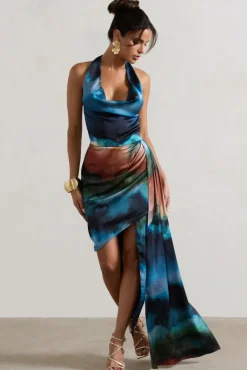 Bali | Blue Blur Print Satin Cowl-Neck Draped Mini Dress