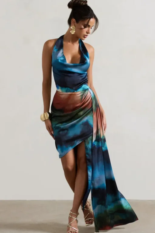 Bali | Blue Blur Print Satin Cowl-Neck Draped Mini Dress