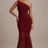Bastia | Burgundy Ruched Mesh Asymmetric Maxi Dress