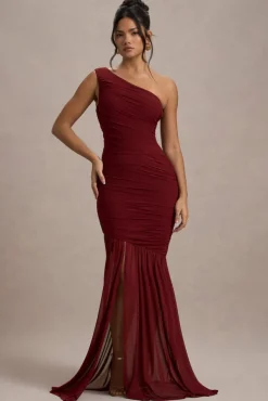 Bastia | Burgundy Ruched Mesh Asymmetric Maxi Dress