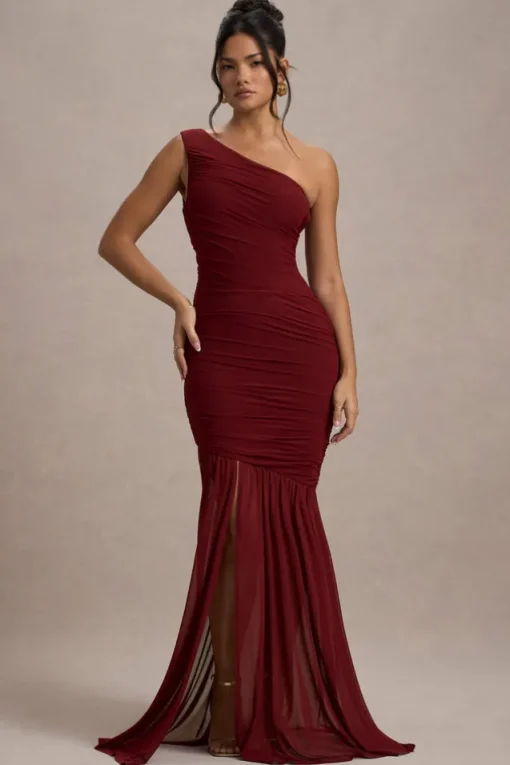 Bastia | Burgundy Ruched Mesh Asymmetric Maxi Dress