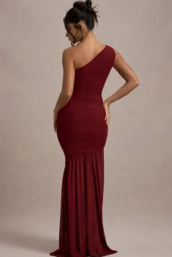 Bastia | Burgundy Ruched Mesh Asymmetric Maxi Dress
