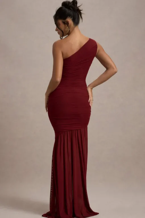 Bastia | Burgundy Ruched Mesh Asymmetric Maxi Dress