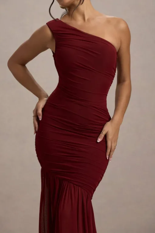 Bastia | Burgundy Ruched Mesh Asymmetric Maxi Dress