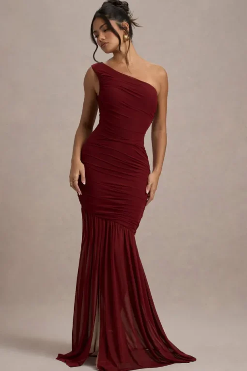 Bastia | Burgundy Ruched Mesh Asymmetric Maxi Dress