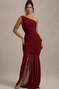 Bastia | Burgundy Ruched Mesh Asymmetric Maxi Dress