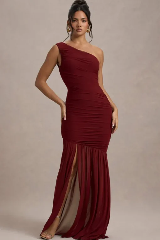 Bastia | Burgundy Ruched Mesh Asymmetric Maxi Dress