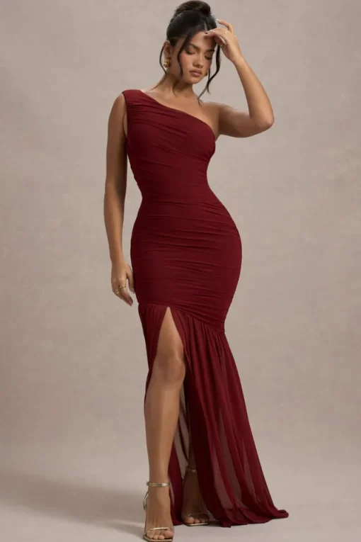 Bastia | Burgundy Ruched Mesh Asymmetric Maxi Dress