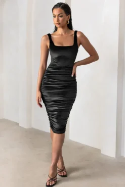Beauty | Black Velvet Square Neck Bodycon Midi Dress