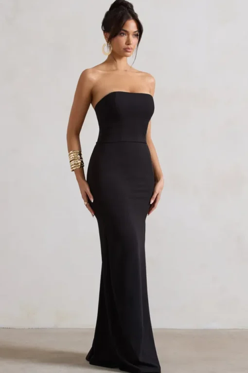 Belle of The Ball | Black Bandeau Maxi Dress With Split Hem