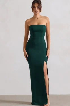 Belle of The Ball | Bottle Green Bandeau Maxi Dress With Split Hem