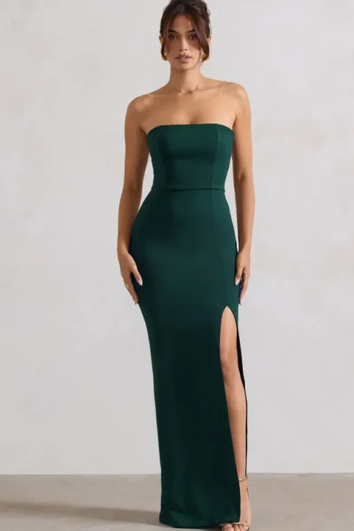 Belle of The Ball | Bottle Green Bandeau Maxi Dress With Split Hem