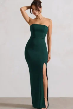 Belle of The Ball | Bottle Green Bandeau Maxi Dress With Split Hem