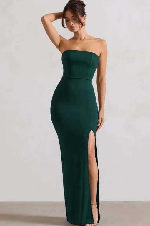 Belle of The Ball | Bottle Green Bandeau Maxi Dress With Split Hem