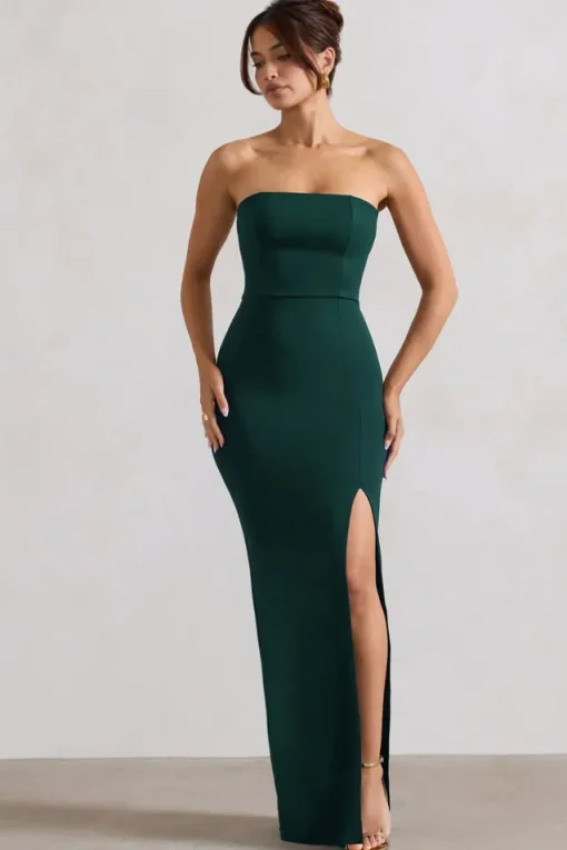 Belle of The Ball | Bottle Green Bandeau Maxi Dress With Split Hem