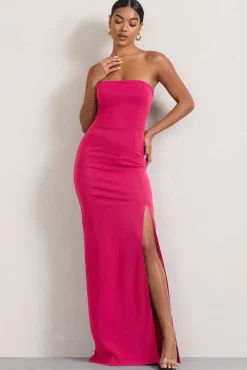 Belle of The Ball | Hot Pink Bandeau Maxi Dress With Split Hem