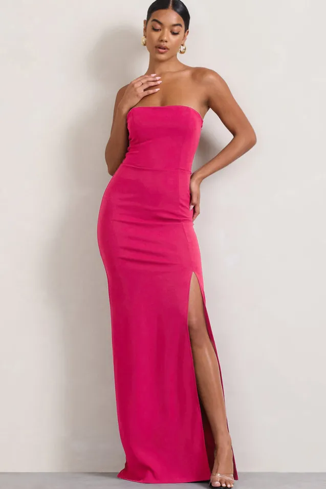 Belle of The Ball | Hot Pink Bandeau Maxi Dress With Split Hem