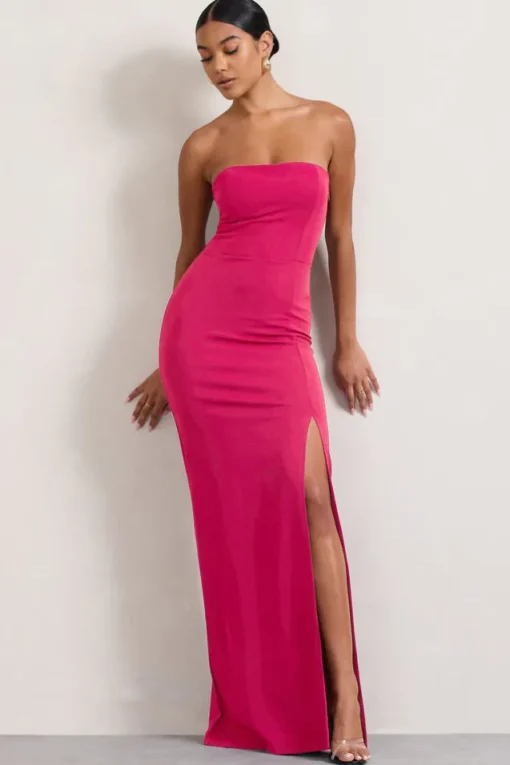 Belle of The Ball | Hot Pink Bandeau Maxi Dress With Split Hem