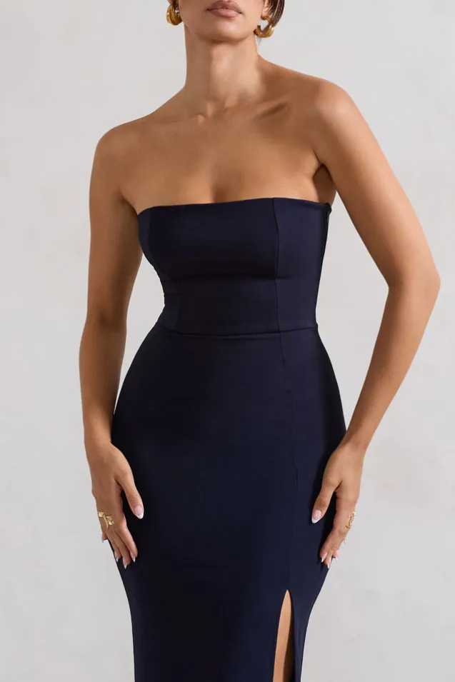 Belle of The Ball | Navy Bandeau Maxi Dress With Split Hem
