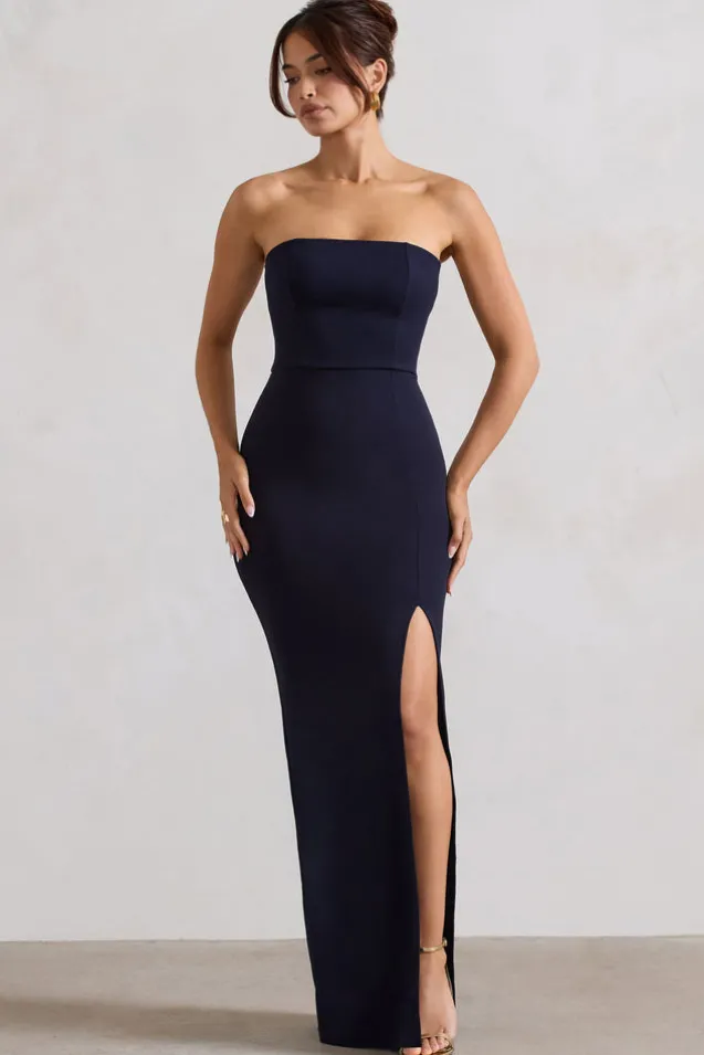 Belle of The Ball | Navy Bandeau Maxi Dress With Split Hem