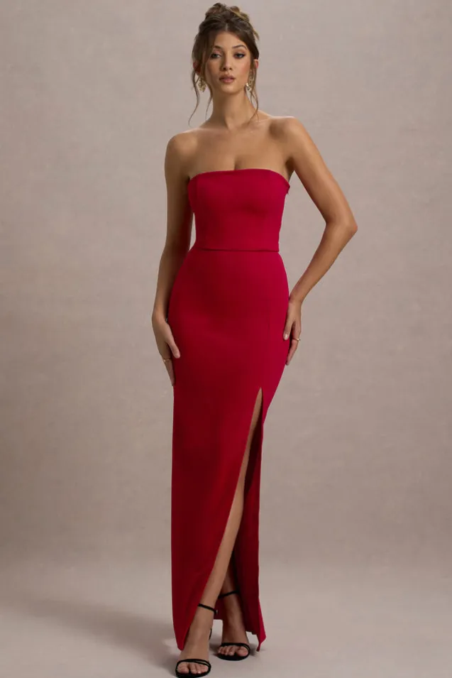 Belle of The Ball | Red Bandeau Maxi Dress With Split Hem