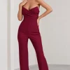 Bellezza | Burgundy Bandeau Corset Wide Leg Jumpsuit