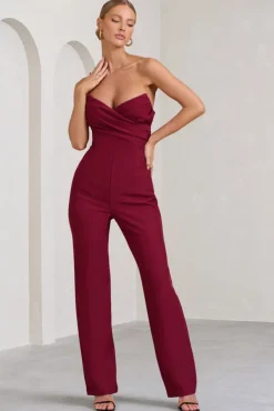 Bellezza | Burgundy Bandeau Corset Wide Leg Jumpsuit