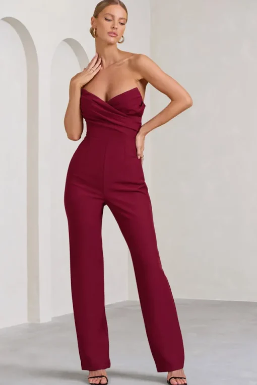 Bellezza | Burgundy Bandeau Corset Wide Leg Jumpsuit
