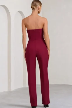 Bellezza | Burgundy Bandeau Corset Wide Leg Jumpsuit