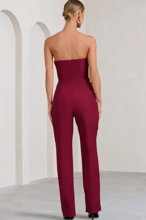 Bellezza | Burgundy Bandeau Corset Wide Leg Jumpsuit