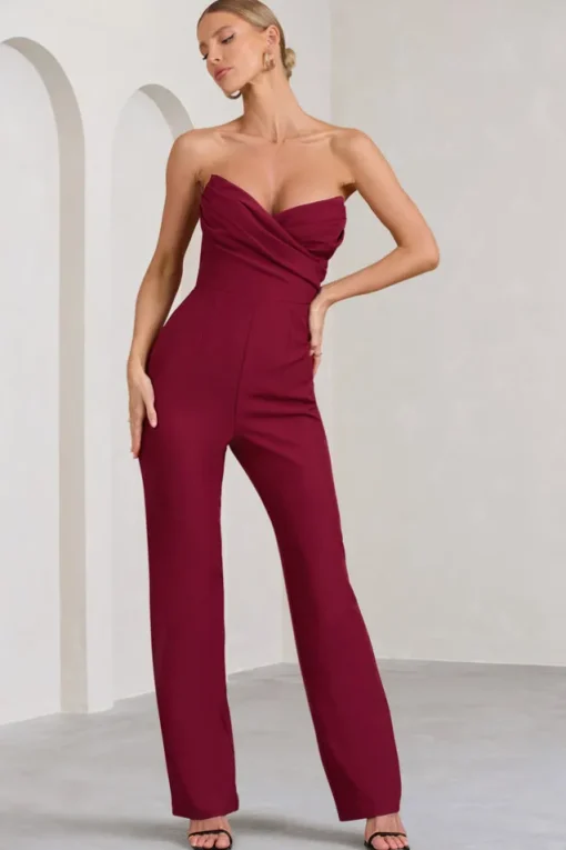 Bellezza | Burgundy Bandeau Corset Wide Leg Jumpsuit