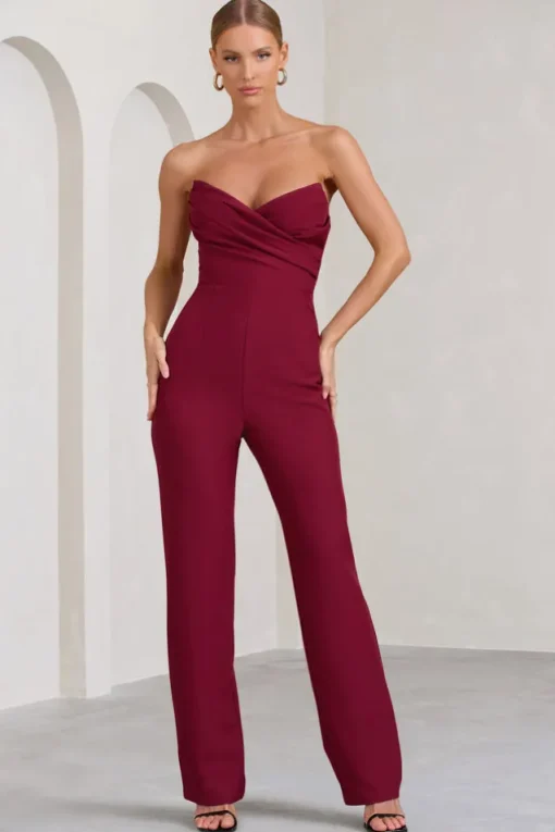 Bellezza | Burgundy Bandeau Corset Wide Leg Jumpsuit