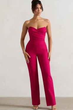 Bellezza | Hot Pink Bandeau Corset Wide Leg Jumpsuit