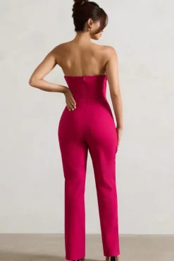Bellezza | Hot Pink Bandeau Corset Wide Leg Jumpsuit