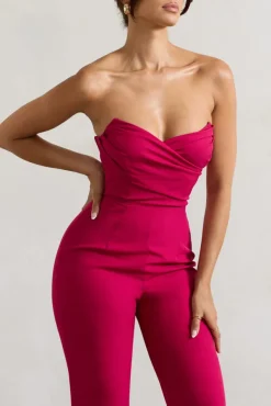 Bellezza | Hot Pink Bandeau Corset Wide Leg Jumpsuit