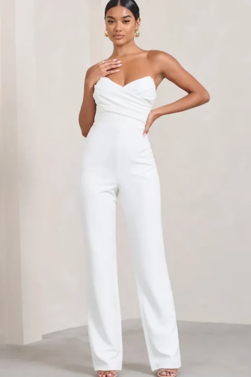 Bellezza | White Bandeau Corset Wide Leg Jumpsuit