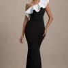Berkley | Black u0026 White Ruffled One-Shoulder Maxi Dress