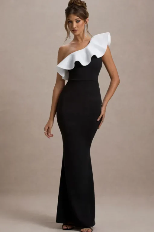 Berkley | Black u0026 White Ruffled One-Shoulder Maxi Dress