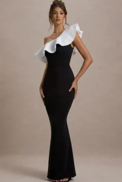 Berkley | Black u0026 White Ruffled One-Shoulder Maxi Dress